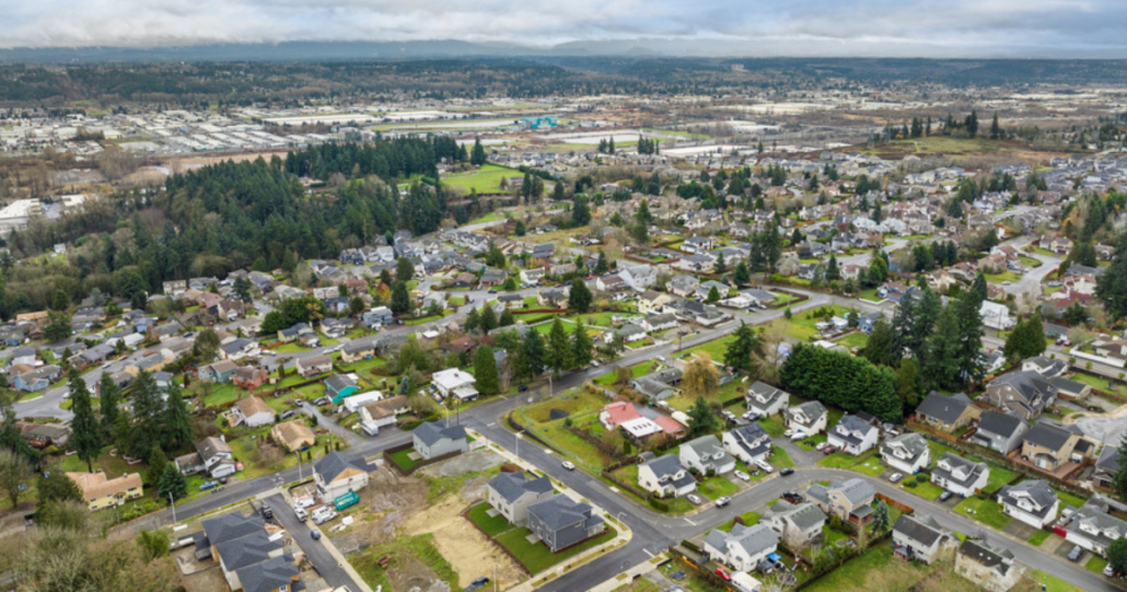 An aerial view of the West Hill community by Soundbuilt Homes in Auburn, WA.
