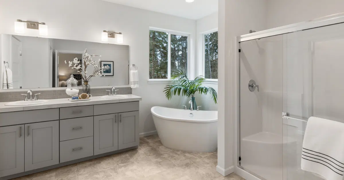Luxurious Soundbuilt bathroom with vanity and storage.