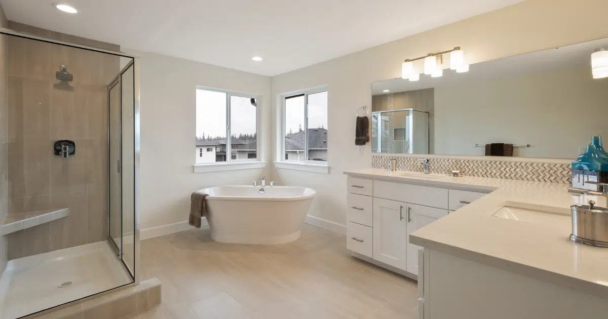 Luxurious Soundbuilt bathroom featuring flooring and wall finishes.