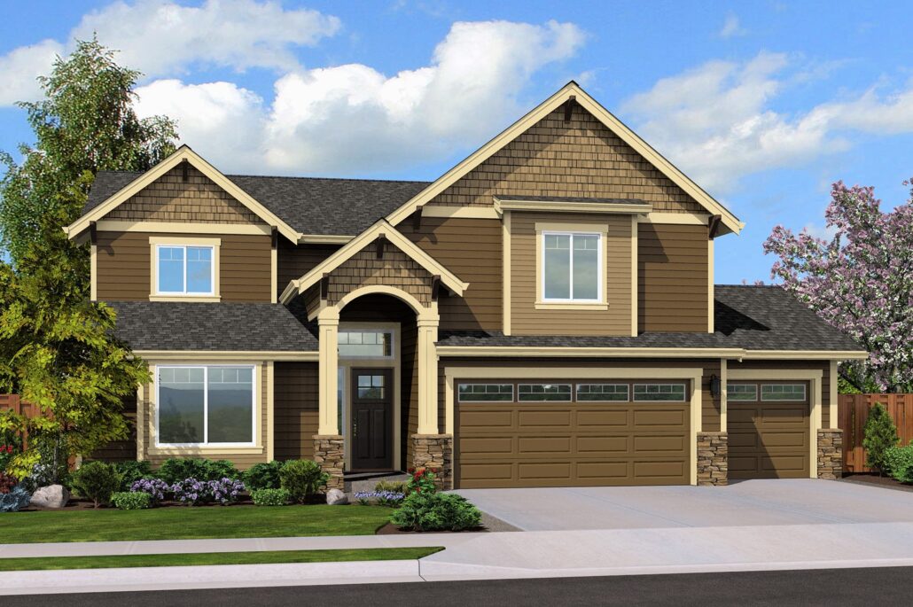 A mockup of a brown, two-story house under a cloudy blue sky.